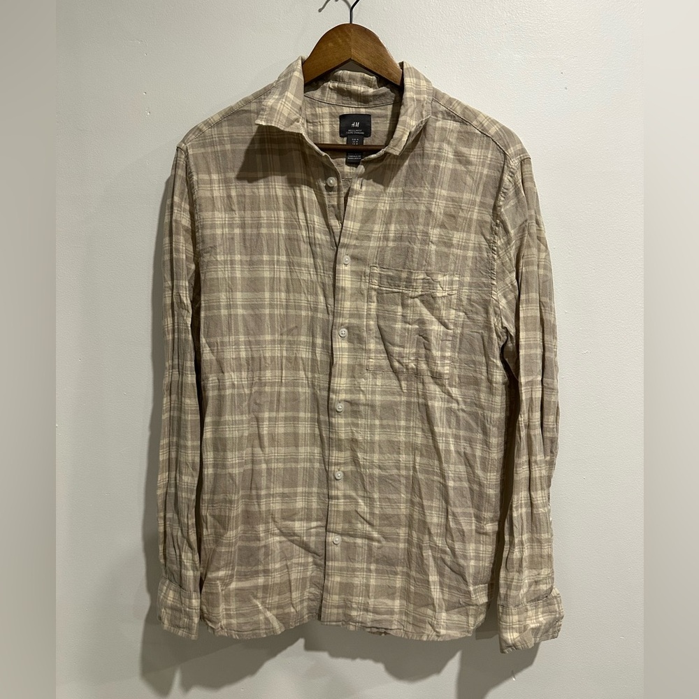 H&M Linen Cotton Blend Beige‎ Plaid Button Down Size M
